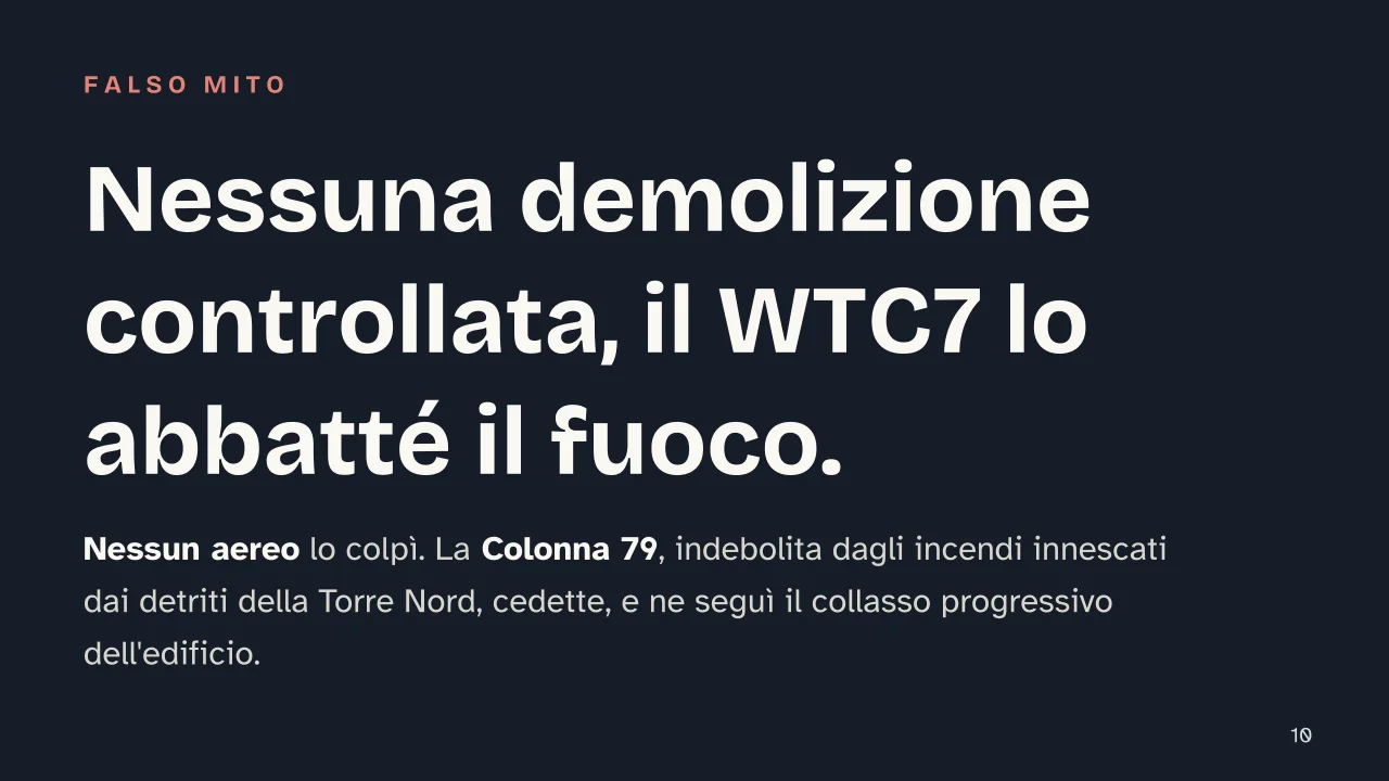 Slide 10 della presentazione su 11 settembre 2001: Nessuna demolizione controllata, il WTC7 lo abbatté il fuoco.