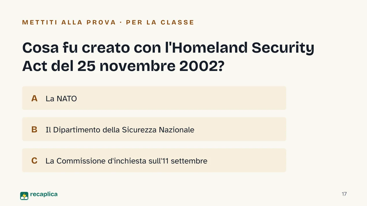 Slide 17 della presentazione su 11 settembre 2001: Cosa fu creato con l'Homeland Security Act del 25 novembre 2002?