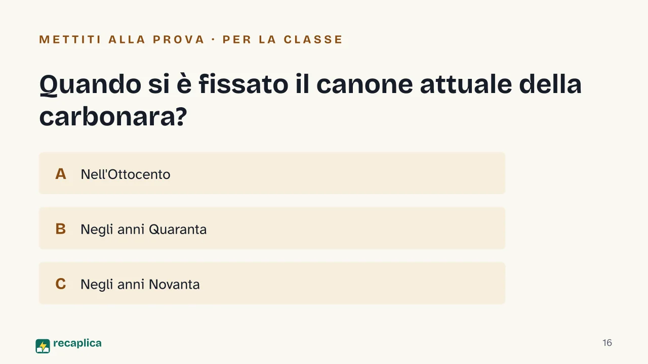 Slide 16 della presentazione su La carbonara: Quando si è fissato il canone attuale della carbonara?