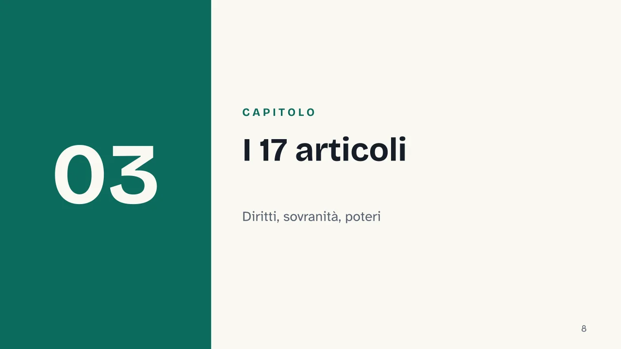 Slide 8 della presentazione su Dichiarazione dei diritti dell'uomo e del cittadino: Capitolo 03: I 17 articoli