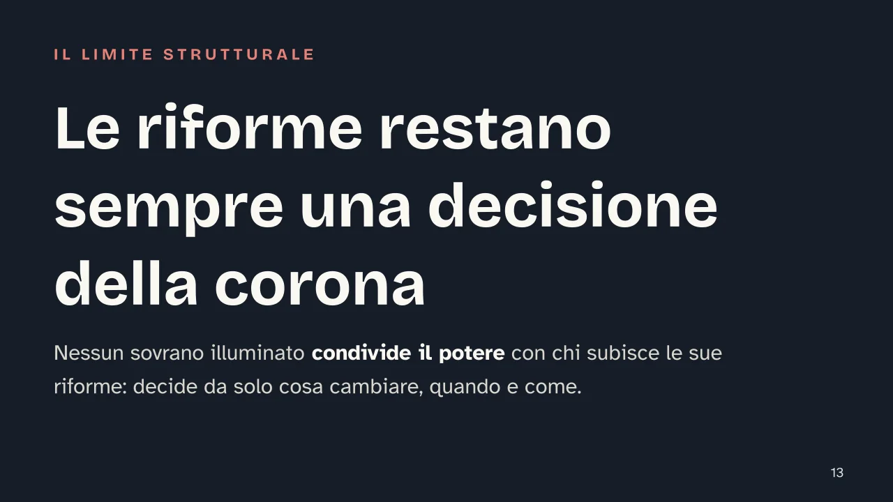Slide 13 della presentazione su Dispotismo illuminato: Le riforme restano sempre una decisione della corona