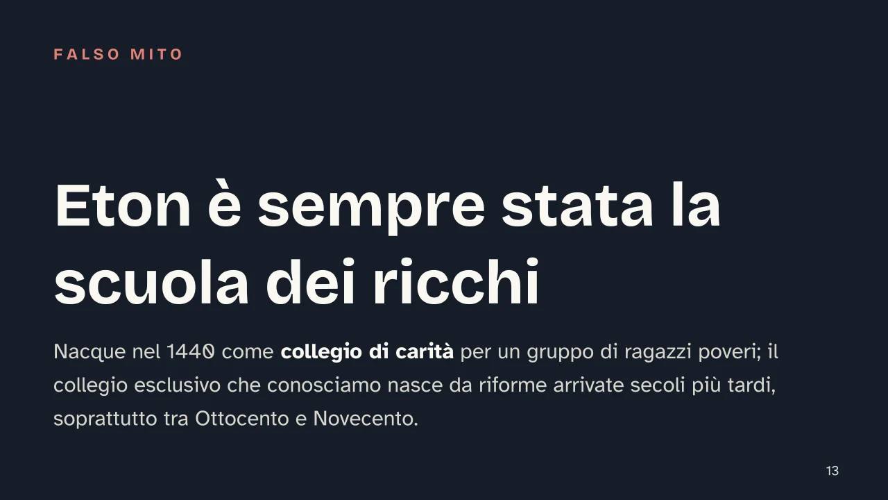 Slide 13 della presentazione su Eton College: Eton è sempre stata la scuola dei ricchi