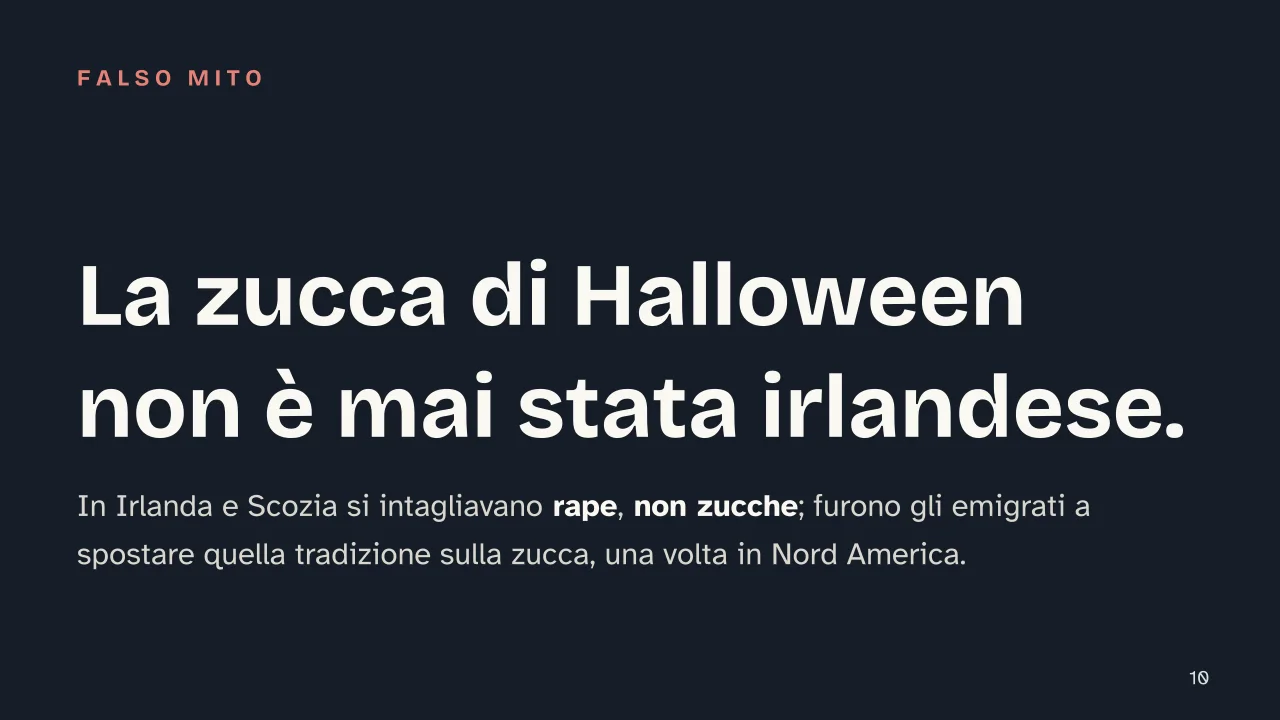 Slide 10 della presentazione su Halloween: La zucca di Halloween non è mai stata irlandese.