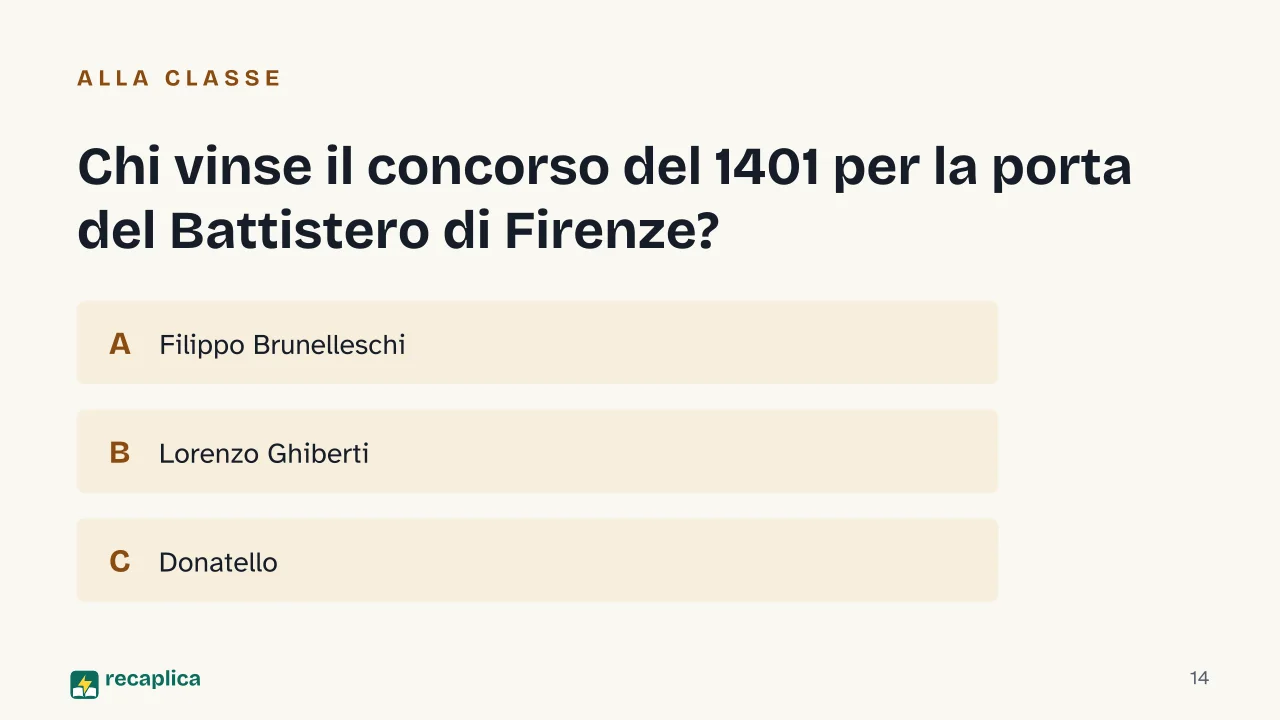 Slide 14 della presentazione su Quattrocento fiorentino: Chi vinse il concorso del 1401 per la porta del Battistero di Firenze?