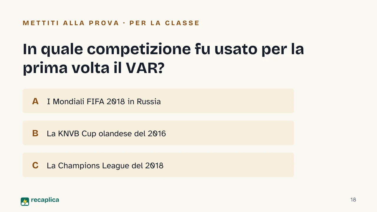 Slide 18 della presentazione su Le regole del calcio: In quale competizione fu usato per la prima volta il VAR?