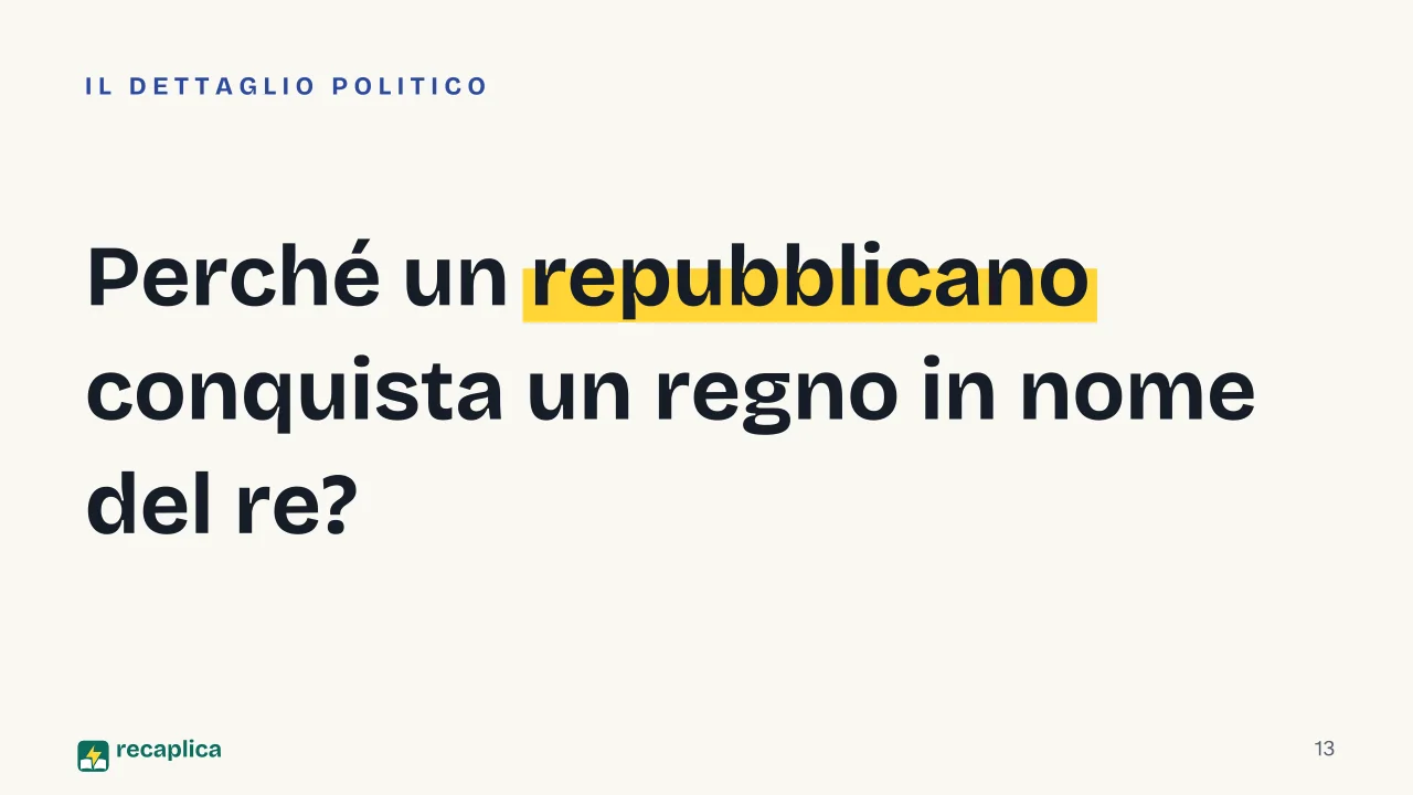 Slide 13 della presentazione su Il Risorgimento e l'Unità d'Italia: Perché un repubblicano conquista un regno in nome del re?