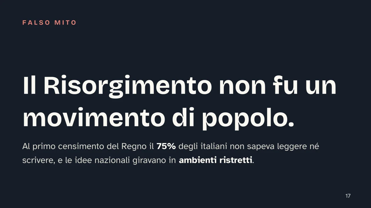 Slide 17 della presentazione su Il Risorgimento e l'Unità d'Italia: Il Risorgimento non fu un movimento di popolo.