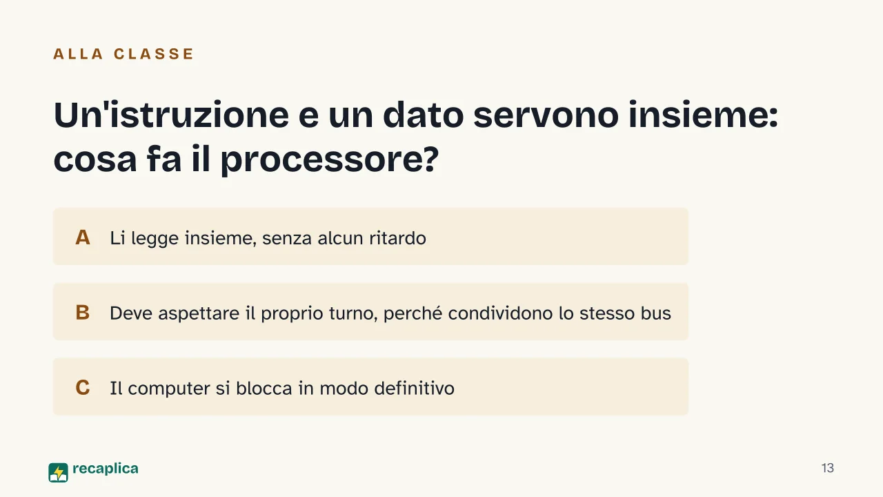 Slide 13 della presentazione su Architettura di von Neumann: Un'istruzione e un dato servono insieme: cosa fa il processore?