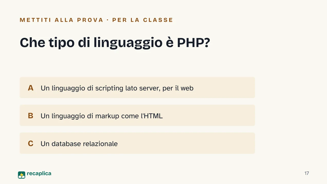 Slide 17 della presentazione su PHP: Che tipo di linguaggio è PHP?