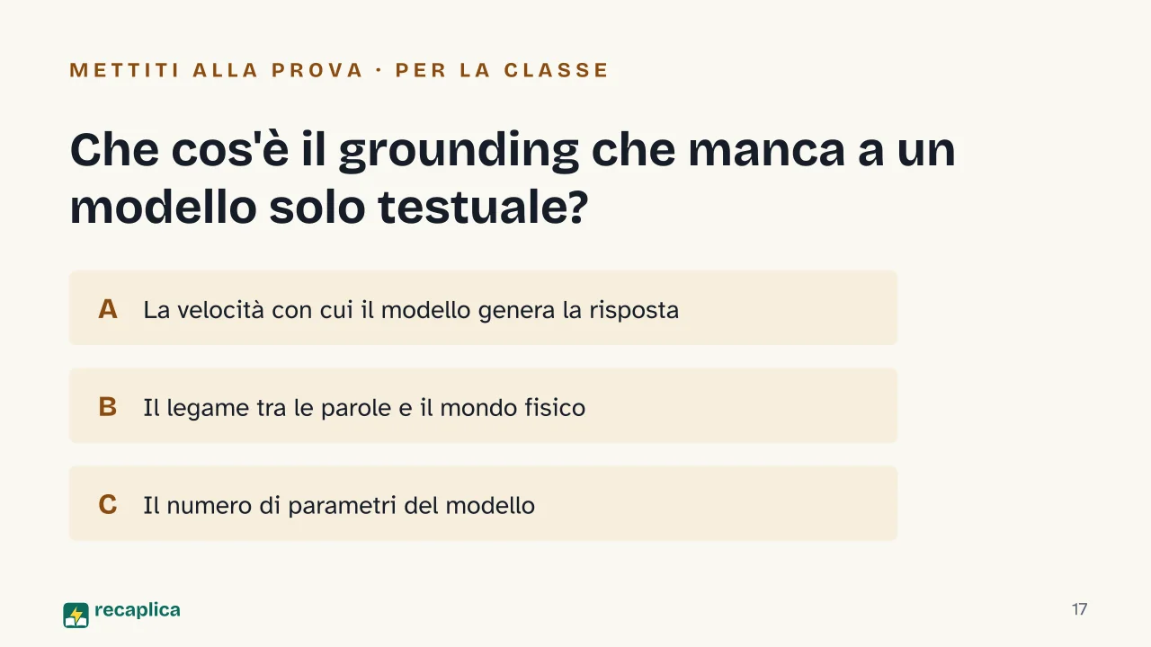 Slide 17 della presentazione su Cognizione umana e intelligenza artificiale: Che cos'è il grounding che manca a un modello solo testuale?