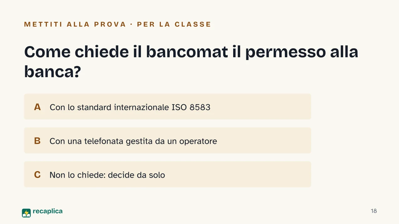 Slide 18 della presentazione su Bancomat: Come chiede il bancomat il permesso alla banca?