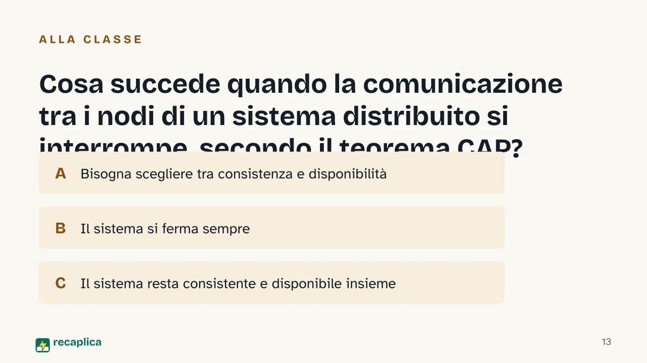 Slide 13 della presentazione su Database relazionali e non relazionali: Cosa succede quando la comunicazione tra i nodi di un sistema distribuito si interrompe, secondo il teorema CAP?