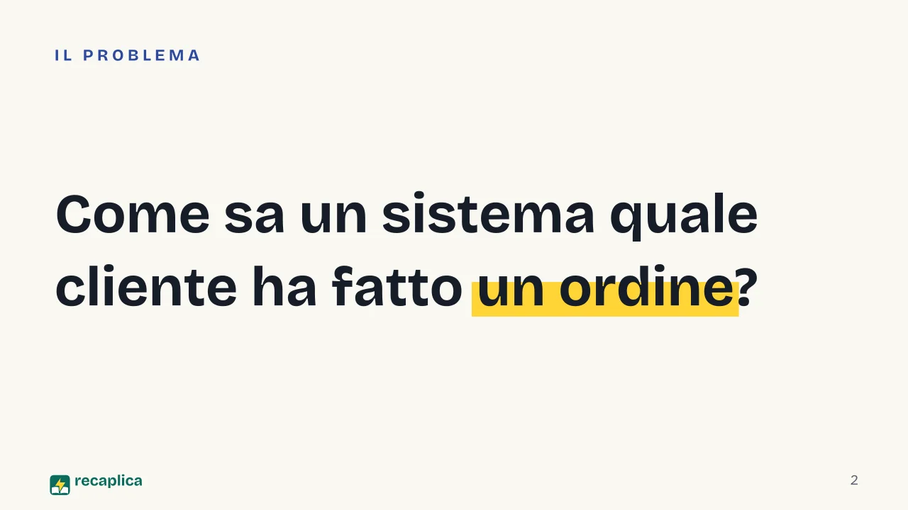 Slide 2 della presentazione su Database relazionali: Come sa un sistema quale cliente ha fatto un ordine?