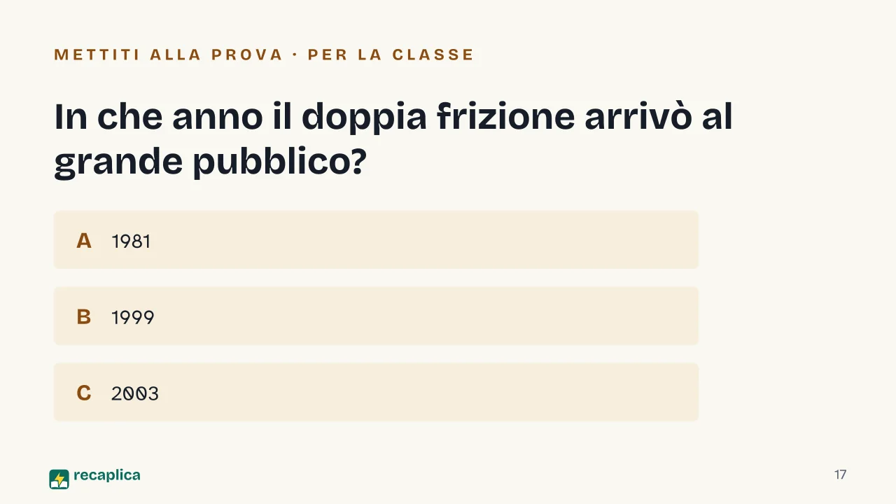 Slide 17 della presentazione su Cambio manuale e cambio automatico: In che anno il doppia frizione arrivò al grande pubblico?