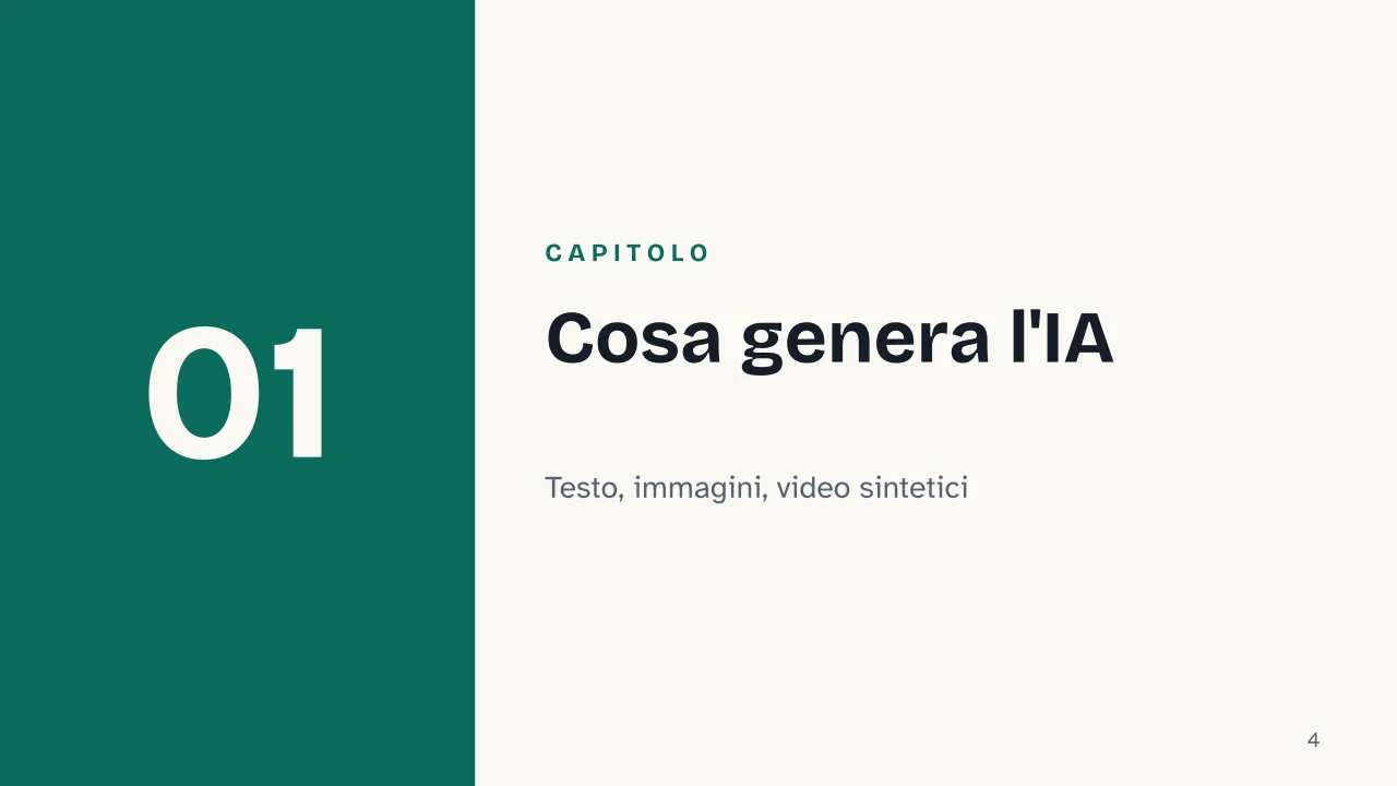 Slide 4 della presentazione su Intelligenza artificiale e cultura pop: Capitolo 01: Cosa genera l'IA