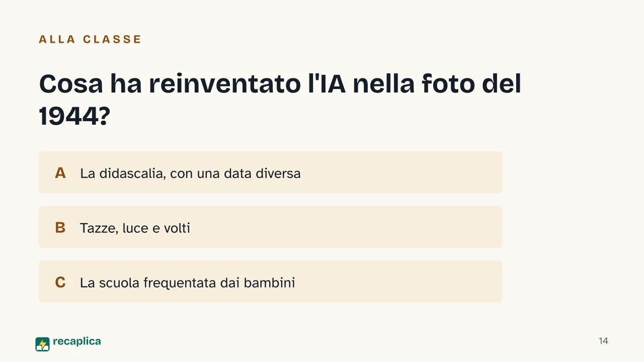 Slide 14 della presentazione su Intelligenza artificiale e cultura pop: Cosa ha reinventato l'IA nella foto del 1944?