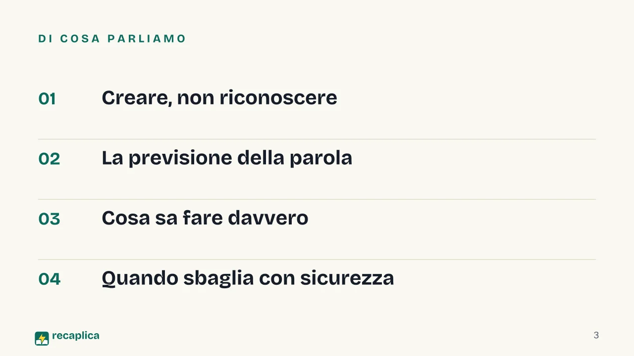 Slide 3 della presentazione su Intelligenza artificiale generativa: Di cosa parliamo