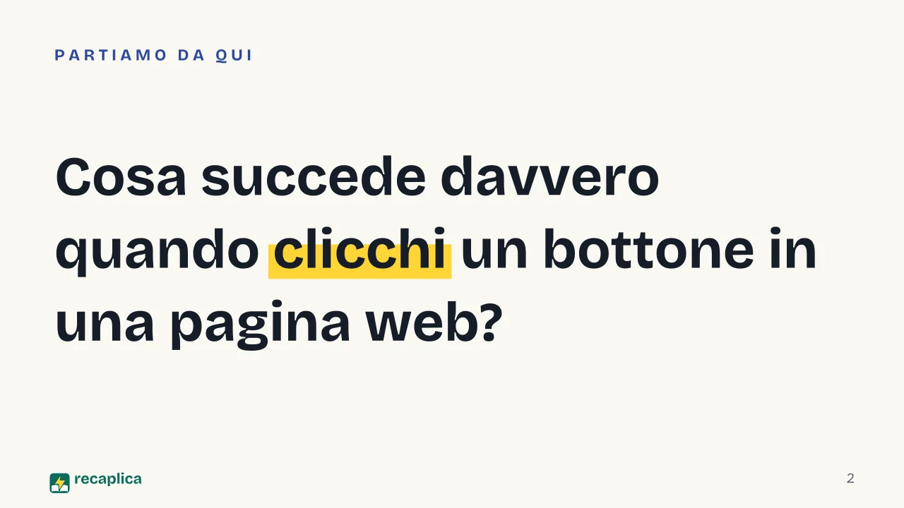 Slide 2 della presentazione su JavaScript: Cosa succede davvero quando clicchi un bottone in una pagina web?