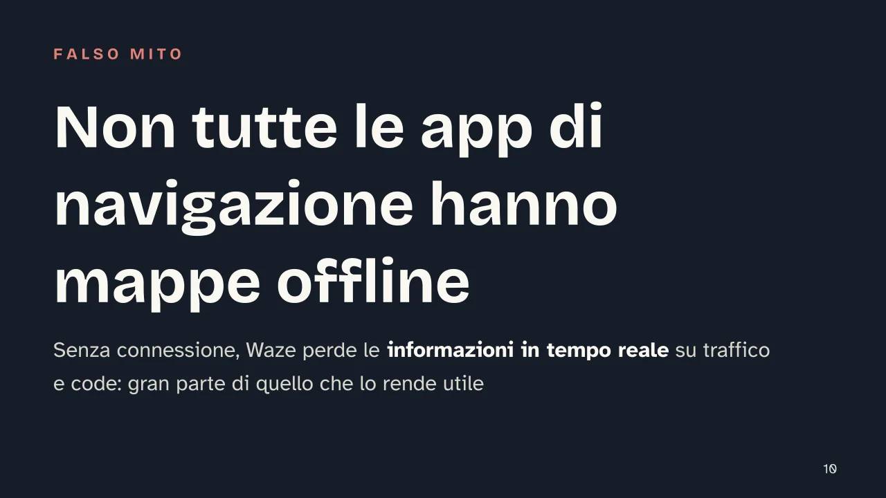 Slide 10 della presentazione su Mappe offline: Non tutte le app di navigazione hanno mappe offline