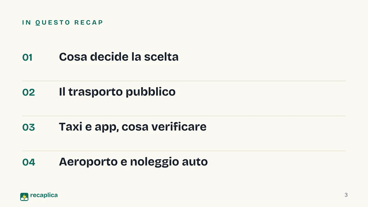 Slide 3 della presentazione su Trasporti pubblici e mezzi locali in viaggio, come scegliere il mezzo giusto: In questo Recap