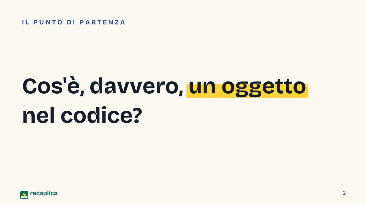Slide 2 della presentazione su OOP: Cos'è, davvero, un oggetto nel codice?