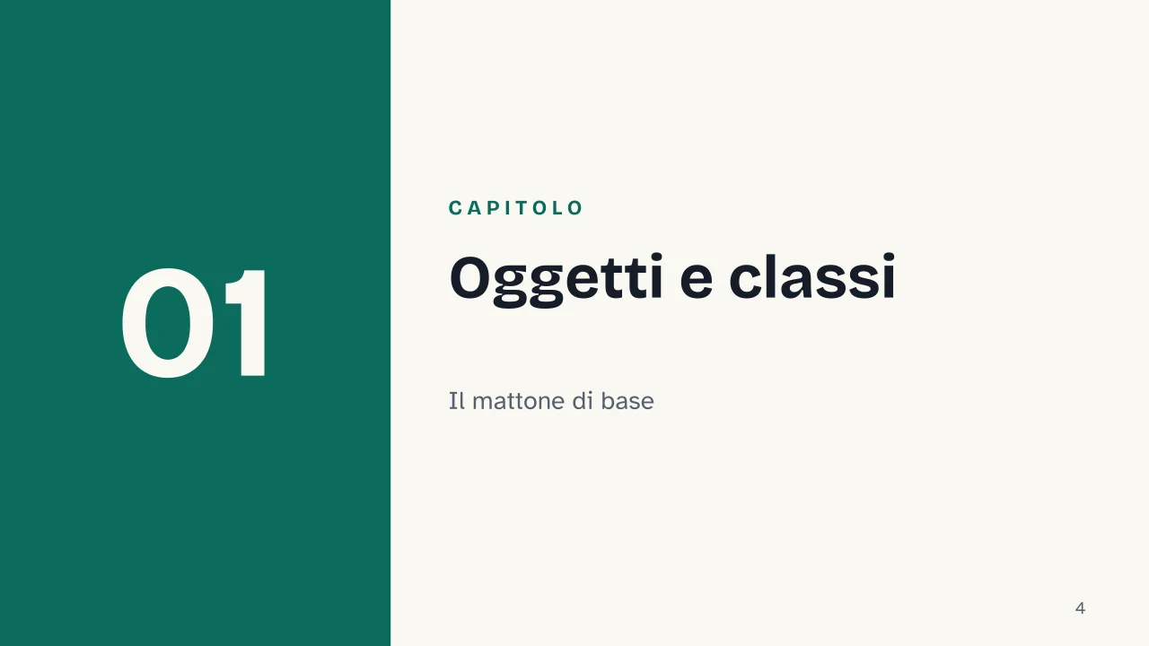 Slide 4 della presentazione su OOP: Capitolo 01: Oggetti e classi
