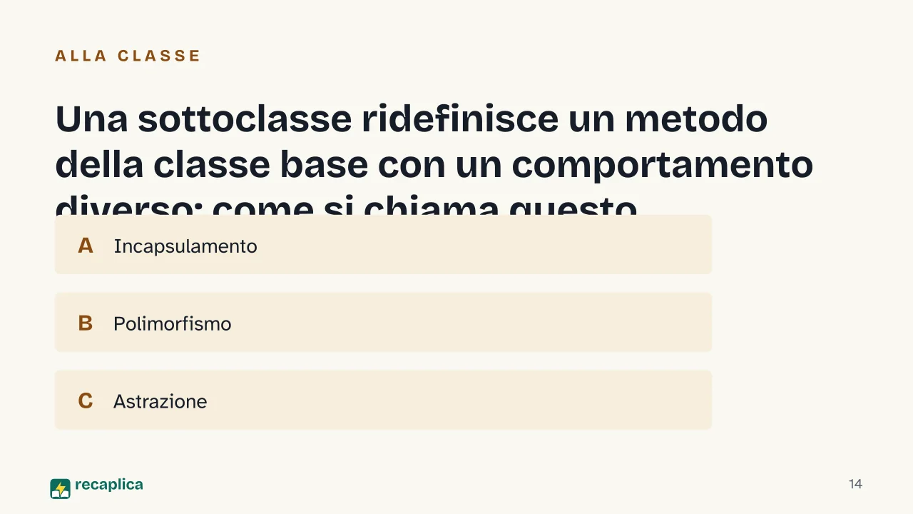 Slide 14 della presentazione su OOP: Una sottoclasse ridefinisce un metodo della classe base con un comportamento diverso: come si chiama questo meccanismo?