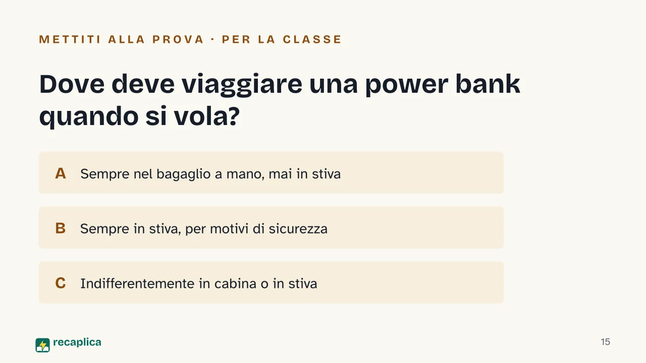 Slide 15 della presentazione su Powerbank in aereo: Dove deve viaggiare una power bank quando si vola?