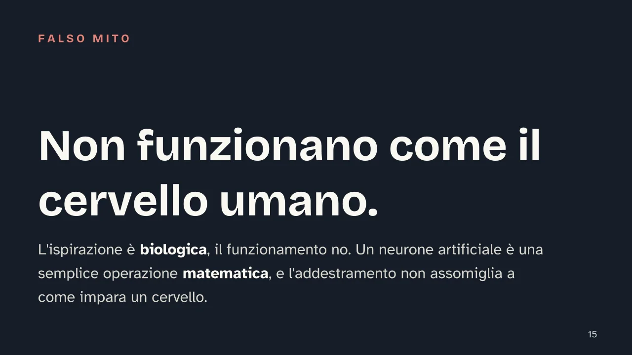 Slide 15 della presentazione su Le reti neurali: Non funzionano come il cervello umano.