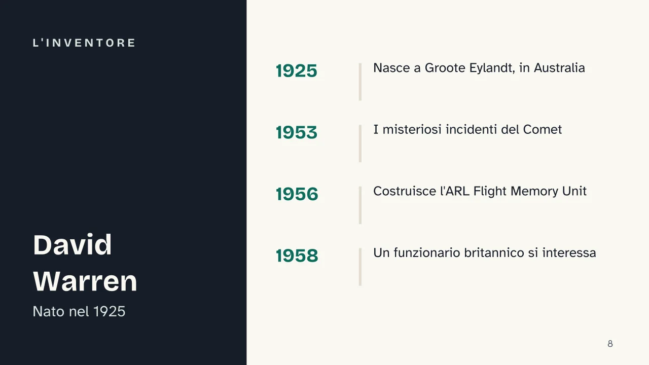 Slide 8 della presentazione su Scatola nera degli aerei: L'inventore