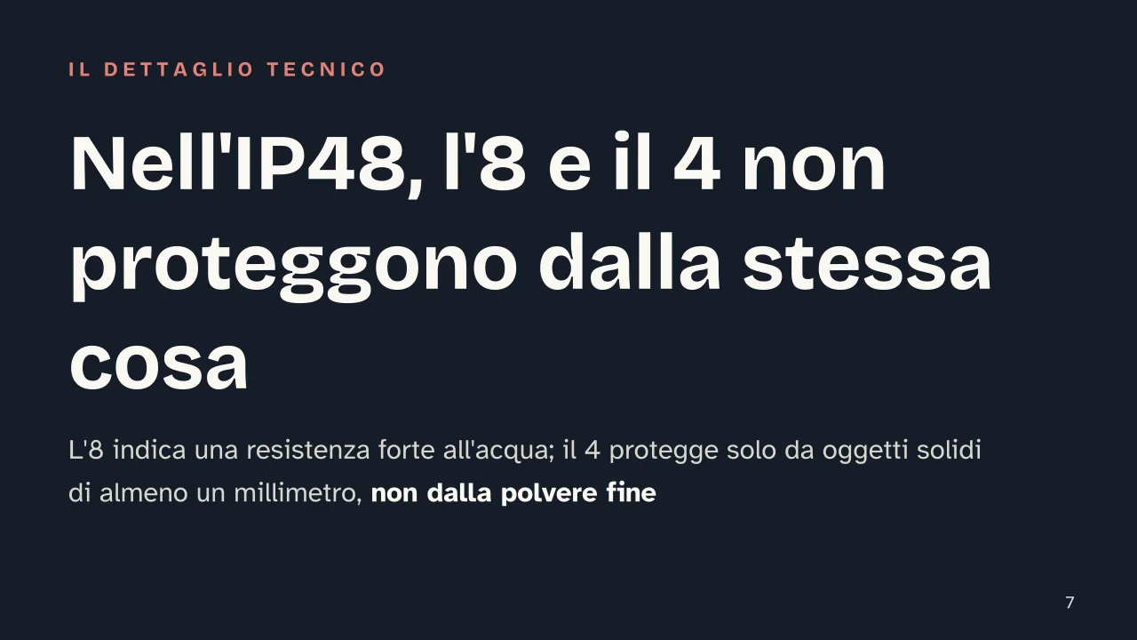 Slide 7 della presentazione su Smartphone pieghevoli: Nell'IP48, l'8 e il 4 non proteggono dalla stessa cosa