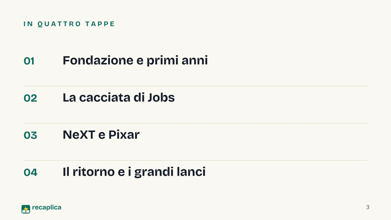 Slide 3 della presentazione su Storia di Apple e Steve Jobs, dal garage alla cacciata, fino al ritorno: In quattro tappe