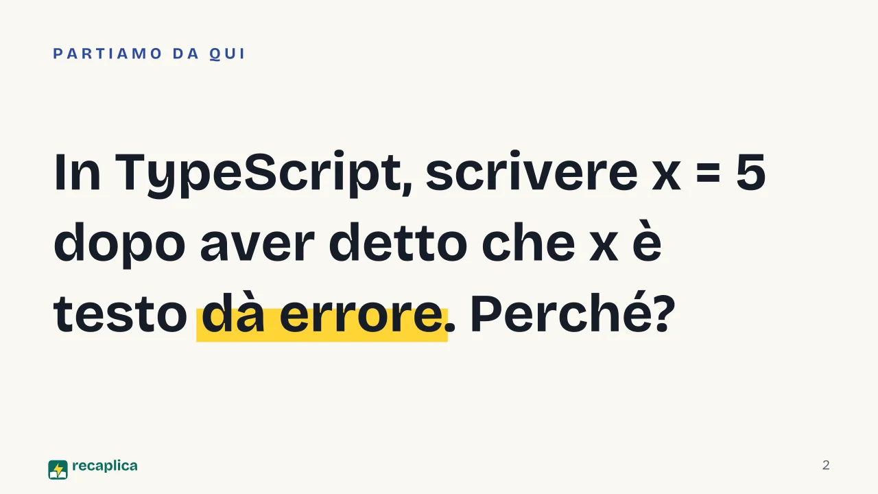 Slide 2 della presentazione su TypeScript: In TypeScript, scrivere x = 5 dopo aver detto che x è testo dà errore. Perché?