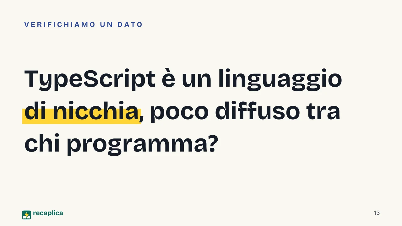 Slide 13 della presentazione su TypeScript: TypeScript è un linguaggio di nicchia, poco diffuso tra chi programma?