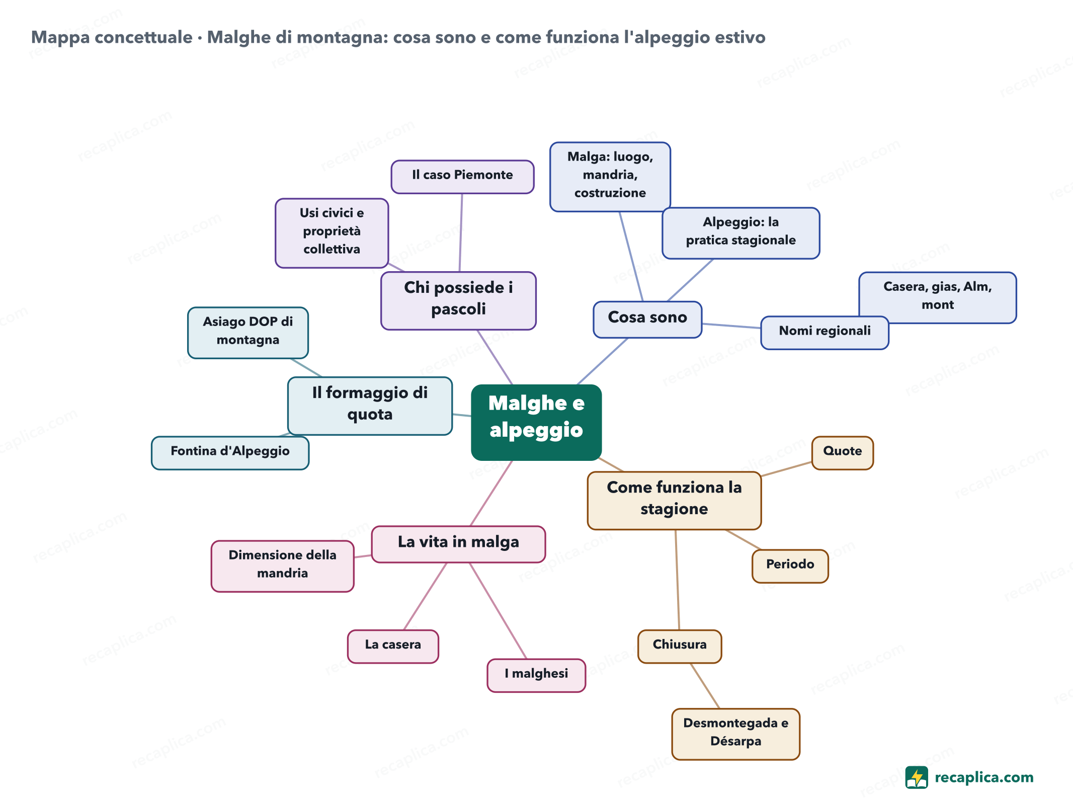 Mappa concettuale: Malghe di montagna: cosa sono e come funziona l'alpeggio estivo