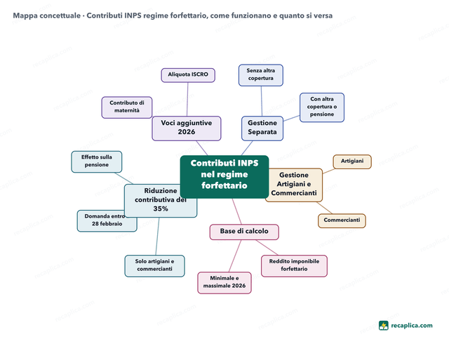 Mappa concettuale: Contributi INPS regime forfettario, come funzionano e quanto si versa